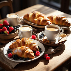 Golden croissants and fresh berries with creamy coffee make a perfect morning.