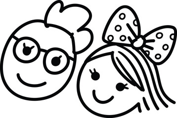 Cute cartoon faces of boy and girl, hand-drawn children heads, smiling kids illustration, child doodle art, black outline vector