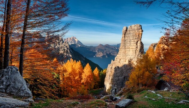 cinque torri framed by autumn foliage on the croda di lago trail