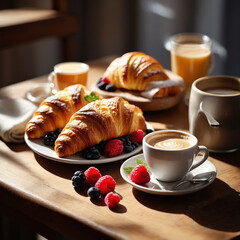 Fresh croissants and berries with coffee create a perfect morning.