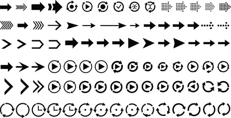 Arrow icons and reload symbols, play buttons, refresh and forward signs, vector clipart set for interface, navigation, and design