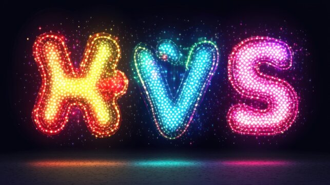Vibrant neon letters spelling HVS against a glittering star backdrop