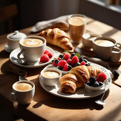 Delicious French breakfast with coffee, croissants and fresh berries
