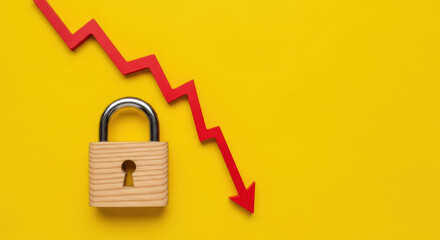 Declining Security A Visual Representation of Data Protection Vulnerabilities with a Padlock and Downward Trending Arrow on a Bright Yellow Background for Cybersecurity Awareness