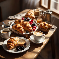 Indulgent French breakfast with fresh croissants, berries, and coffee.