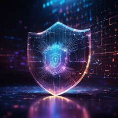 Secure digital shield glows with futuristic network data and vibrant light