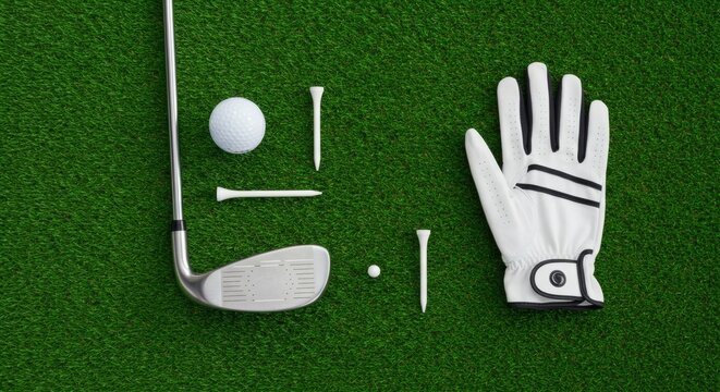 Essential golf equipment meticulously arranged on a vibrant green surface, showcasing the fundamental tools for a perfect round of the sport, ready for the game.