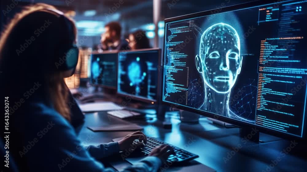 Poster a person working at a desk with a computer and monitor
