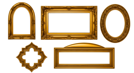 Set of ornate gold frames in various shapes
