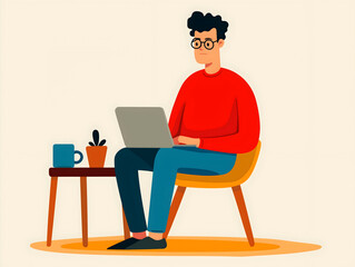 A young man sits at a desk with a laptop, a coffee cup, and a plant, illustrating a relaxed workspace setting.