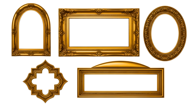 Set of ornate gold frames in various shapes
