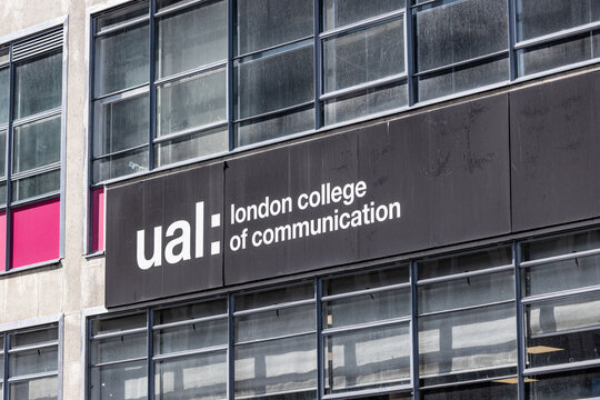 LONDON, UK - AUGUST 5, 2025 - University of the Arts London College of Communication building with its logo clearly visible in Elephant and Castle, London
