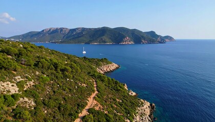 Coastal scenery, lush greenery, blue water