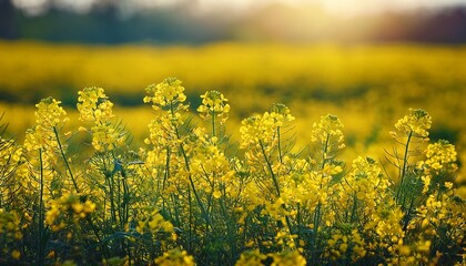 Obraz premium bright yellow mustard flowers blooming in green field close up n brassica plant blossoms in vibrant spring nature with soft background