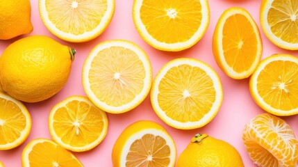 Obraz premium Colorful citrus fruit assortment on pastel pink backdrop creates refreshing feel