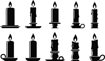 Candle silhouettes with flames, black wax candle icons, vintage candle holder designs, romantic lighting art, burning wax illustration, decorative candle graphics