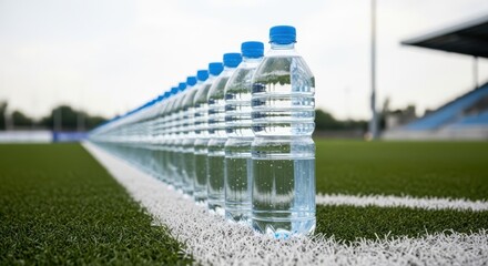 Photo of row of plastic water bottles lined up on a green sports field with white markings
