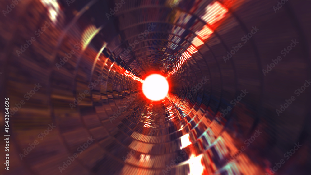 Poster a rotating red metal chrome shiny tunnel with walls of ribs and lines in the form of a circle with r