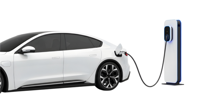 White electric car charging at a station
