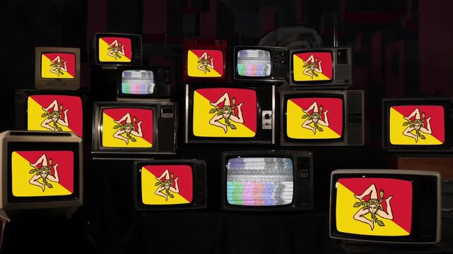Vintage TV Wall Showing Red and Yellow Flag of Sicily With Trinacria - 4K
