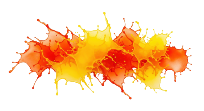Abstract watercolor splashes in deep orange, yellow, and amber, with precise contours, organic textures, and delicate drips, frozen in motion on a transparent background with clean studio lighting,