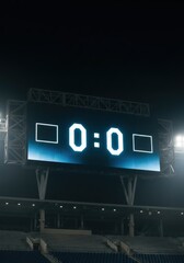 Photo of illuminated stadium scoreboard displaying 00 at night