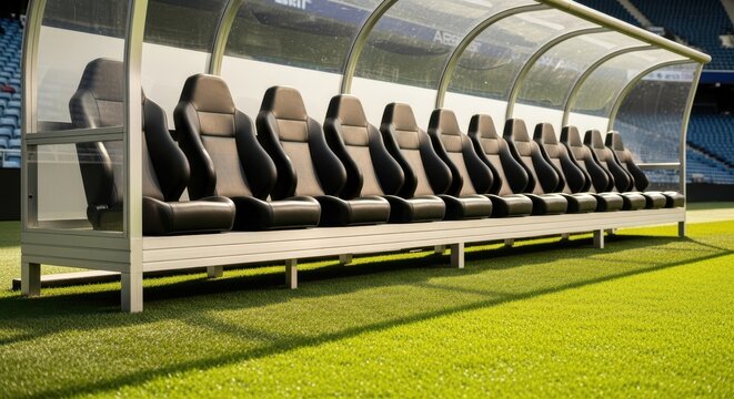 Photo of empty soccer team bench with black seats under a clear canopy at a stadium