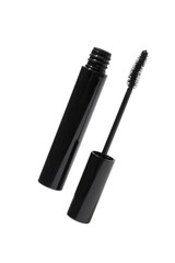 Black Mascara Tube and Wand on White Background