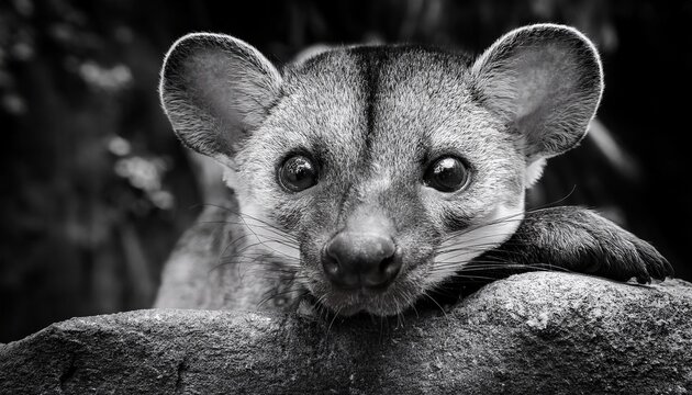 black and white portrait of a fosa cryptoprocta ferox resting on a rock ledge in the madagascar forest ideal for wildlife conservation carnivore awareness and editorial use