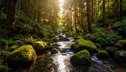 Obraz premium Tranquil Forest Stream with Mossy Rocks and Sunlight
