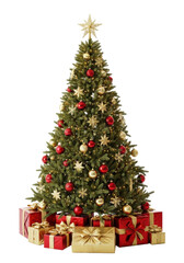 Majestic Fraser Fir Christmas tree, adorned with red & gold baubles, shimmering snowflakes, star ornaments, warm LED lights, golden topper. White studio background with red & gold gifts. Concept of