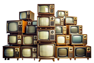 A stack of retro and vintage televisions, isolated on transparent background, showcasing the history of technology and media from the past