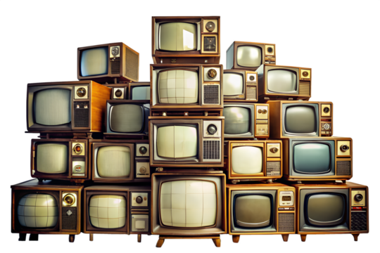 A stack of retro and vintage televisions, isolated on transparent background, showcasing the history of technology and media from the past