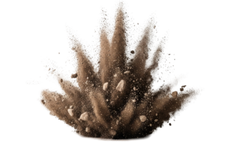 Colossal omnidirectional eruption of pulverized earth, fine dust, and rock fragments suspended mid-air, isolated against a pristine transparent studio background with no shadows, captured with