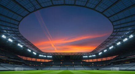 Photo of modern stadium at sunset with vibrant sky and illuminated lights