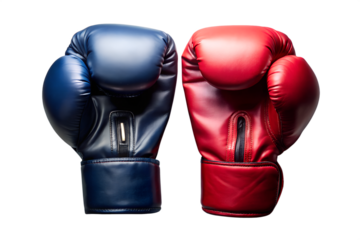 Two boxing gloves, one red and one blue, are positioned side by side, isolated on transparent background, symbolizing a competitive match or training session