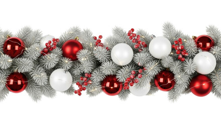 Ultra realistic UHD studio shot of a festive border with frosted evergreen branches, glossy red and matte white Christmas ornaments, vibrant red berries, and warm fairy lights on a transparent