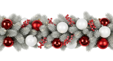 Ultra realistic UHD studio shot of a festive border with frosted evergreen branches, glossy red and matte white Christmas ornaments, vibrant red berries, and warm fairy lights on a transparent