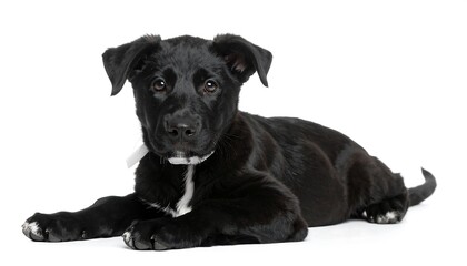 Obraz premium Elegant black labrador mix puppy poses with inquisitive expression on white backdrop