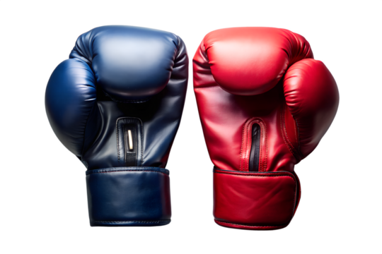 Two boxing gloves, one red and one blue, are positioned side by side, isolated on transparent background, symbolizing a competitive match or training session