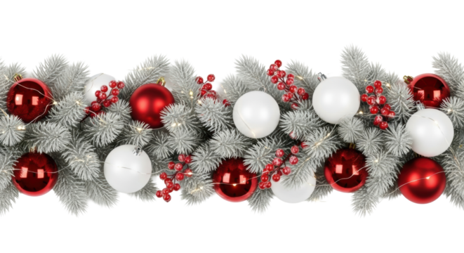 Ultra realistic UHD studio shot of a festive border with frosted evergreen branches, glossy red and matte white Christmas ornaments, vibrant red berries, and warm fairy lights on a transparent