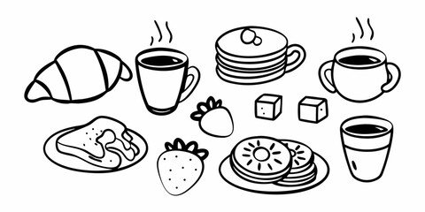 Illustration of breakfast foods including croissant, coffee, pancakes, and strawberries isolated on white on transparent background