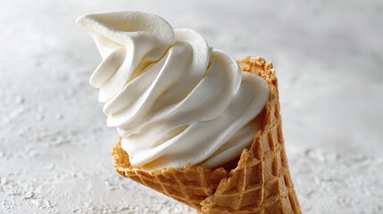 Whipped soft serve ice cream in a crispy waffle cone served on a textured surface