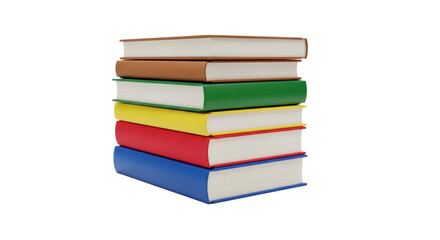 Five new, uniform hardcover books stacked vertically with blue, red, yellow, green, and brown spines, perfectly lit on a transparent background, shadowless product photography concept