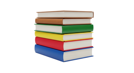 Five new, uniform hardcover books stacked vertically with blue, red, yellow, green, and brown spines, perfectly lit on a transparent background, shadowless product photography concept