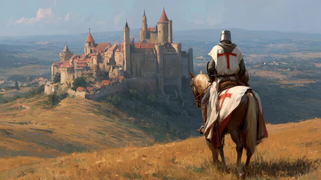 A medieval knight on horseback gazes at a massive hilltop castle, painted in a detailed, realistic style, with a scenic countryside background