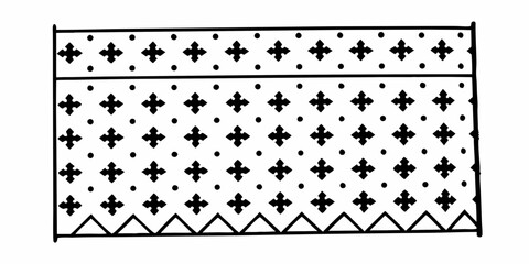 Black and white rectangular pattern with crosses and dots above triangles in a simple geometric design style on transparent background