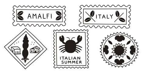 Obraz premium Collection of five stylized stamps featuring amalfi italy a shell crab and sun in black and white color on transparent background
