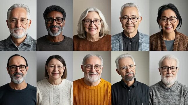 Collage of diverse senior people portraits with friendly expressions