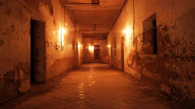 Creepy light illuminates scary, dark, abandoned hallway in frightening horror asylum